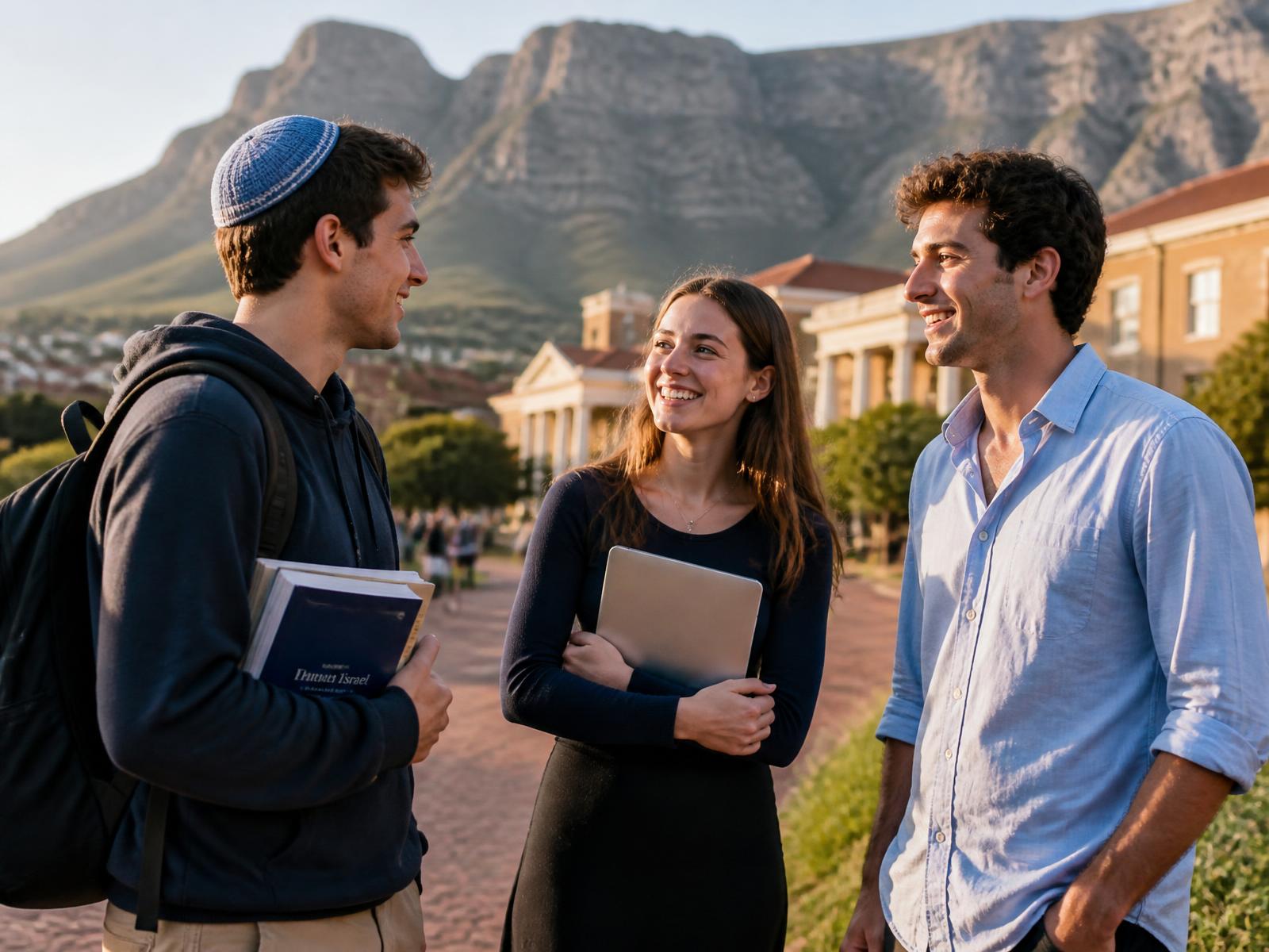 Students on a university campus in Cape Town with Table Mountain behind them